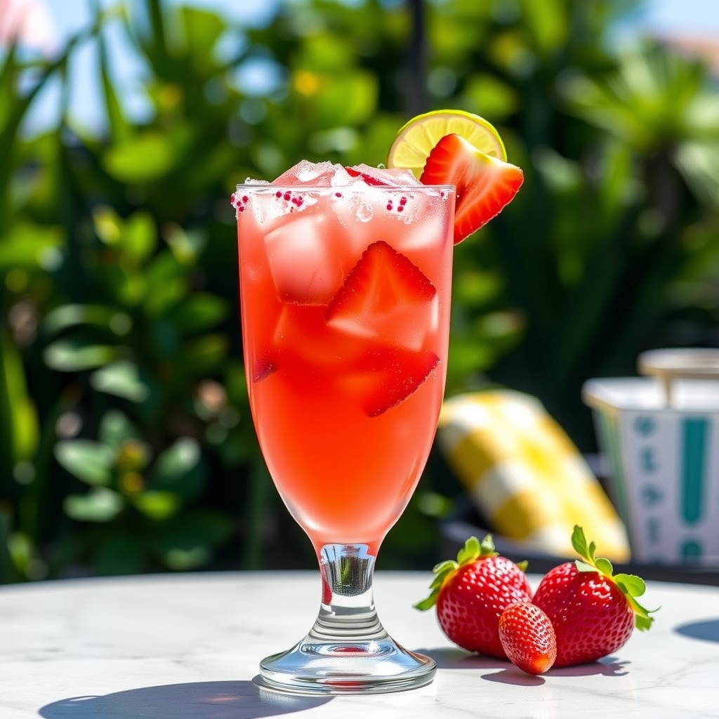 Refreshing strawberry margarita in a glass with salt rim and garnished with strawberries and lime.
